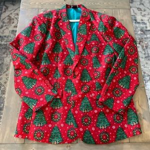 Christmas suit includes pants, jacket and matching tie.